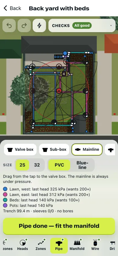 The Pipe station on the Designer’s plan for Back yard with beds: mainline and laterals drawn in each zone’s colour, the valve box by the house, and the pressure at each zone’s last head, 325 kPa on the west lawn against the 200 it wants.